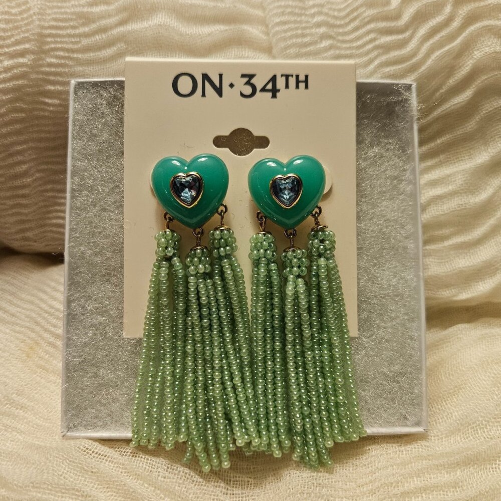 On 34th Green & Gold-Tone Crystal Heart w/ Beaded Fringe Drop Earrings- NWT